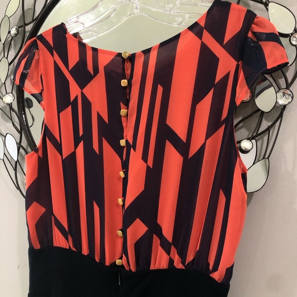 MNG by Mango Geometric Navy/Coral Cap sleeve Key hole Front Sheath Dress Small - Picture 8 of 16